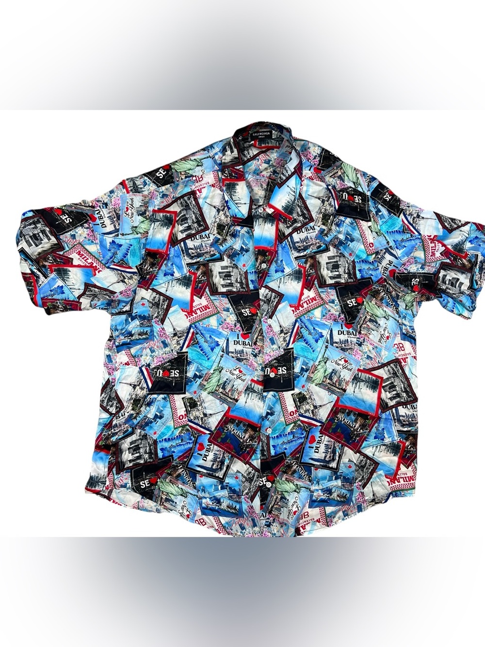 Balenciaga Button-Down Shirt Men’s 44 (3XL) Travel Print 100% Silk Italy